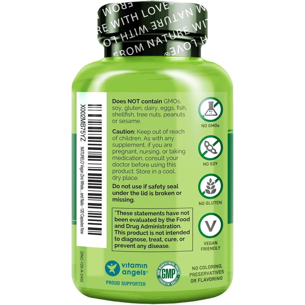 Naturelo Whole Food Vegan Zinc Supplement for Immune Support and Skin Health, Premium Plant-Based Minerals.