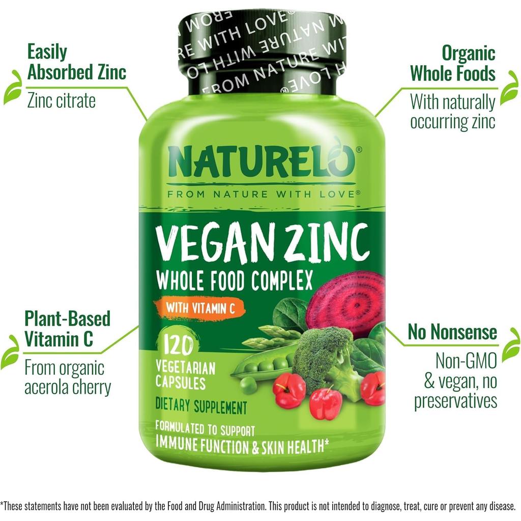 Naturelo whole food vegan zinc supplement for immune support and skin health, image 9.