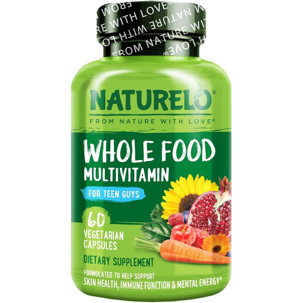 Naturelo Whole Food Multivitamin for Teen Boys, boosts energy, supports growth, enhances immune health.