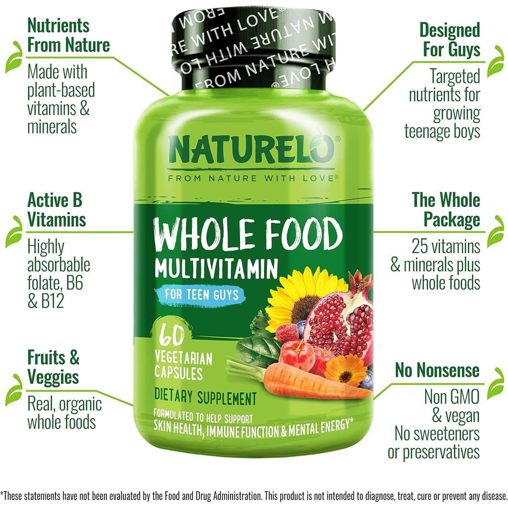 Naturelo whole food multivitamin for teen boys, boosts energy, supports growth, image 5.
