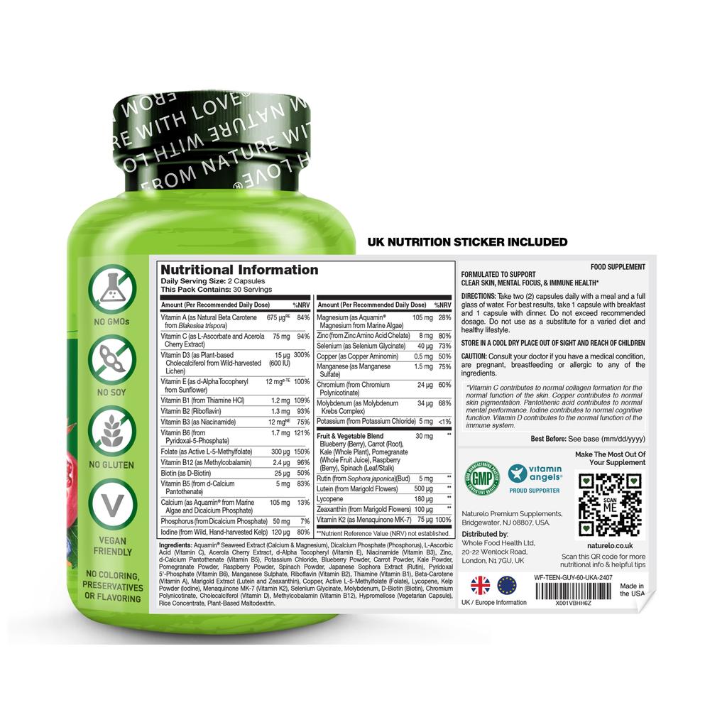 Naturelo Whole Food Multivitamin for Teen Boys supports energy, immunity, and growth with natural ingredients. Image 8.