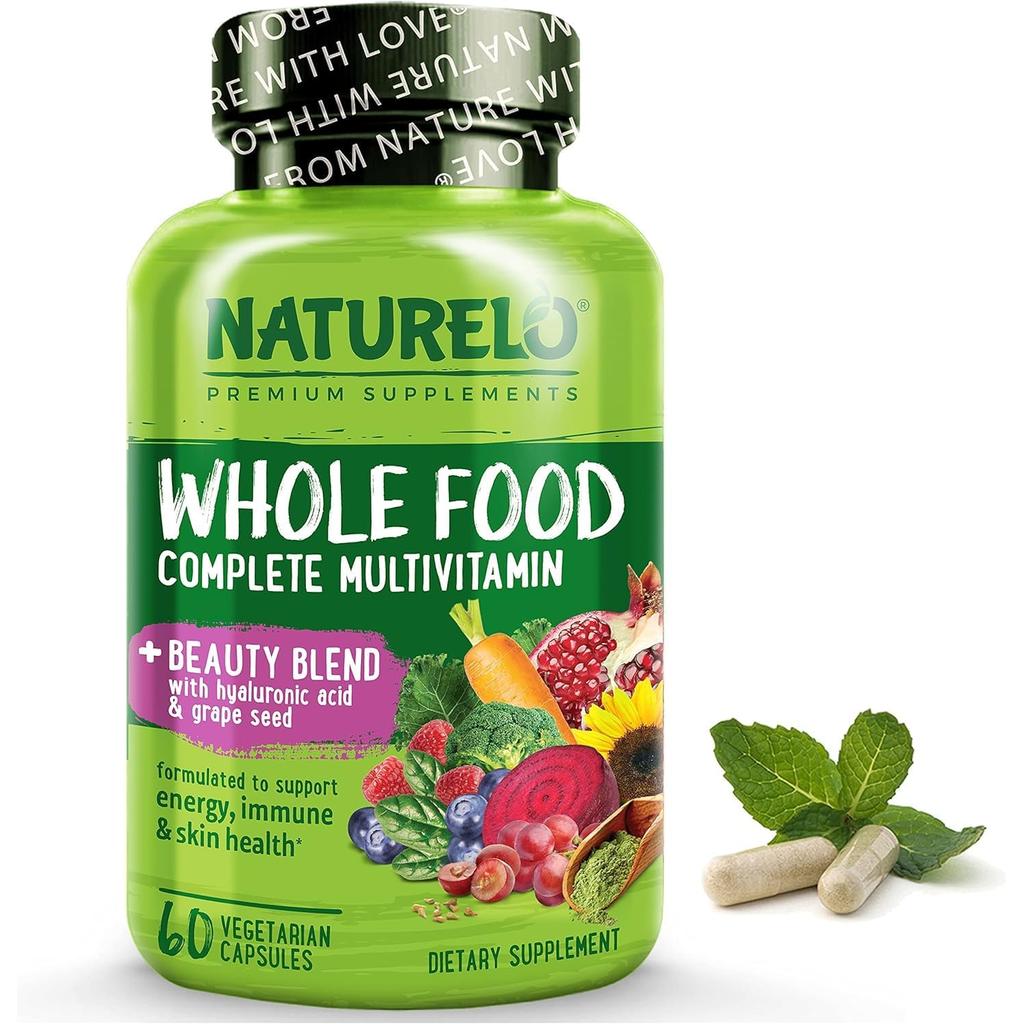 Naturelo Whole Food Multivitamin Beauty Blend for glowing skin, hair health, and nail strength, natural wellness support.