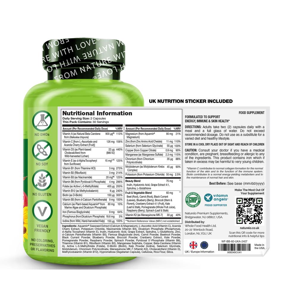 Naturelo Whole-Food Multivitamin Beauty Blend, supports skin health, hair strength, nail growth, natural supplements.