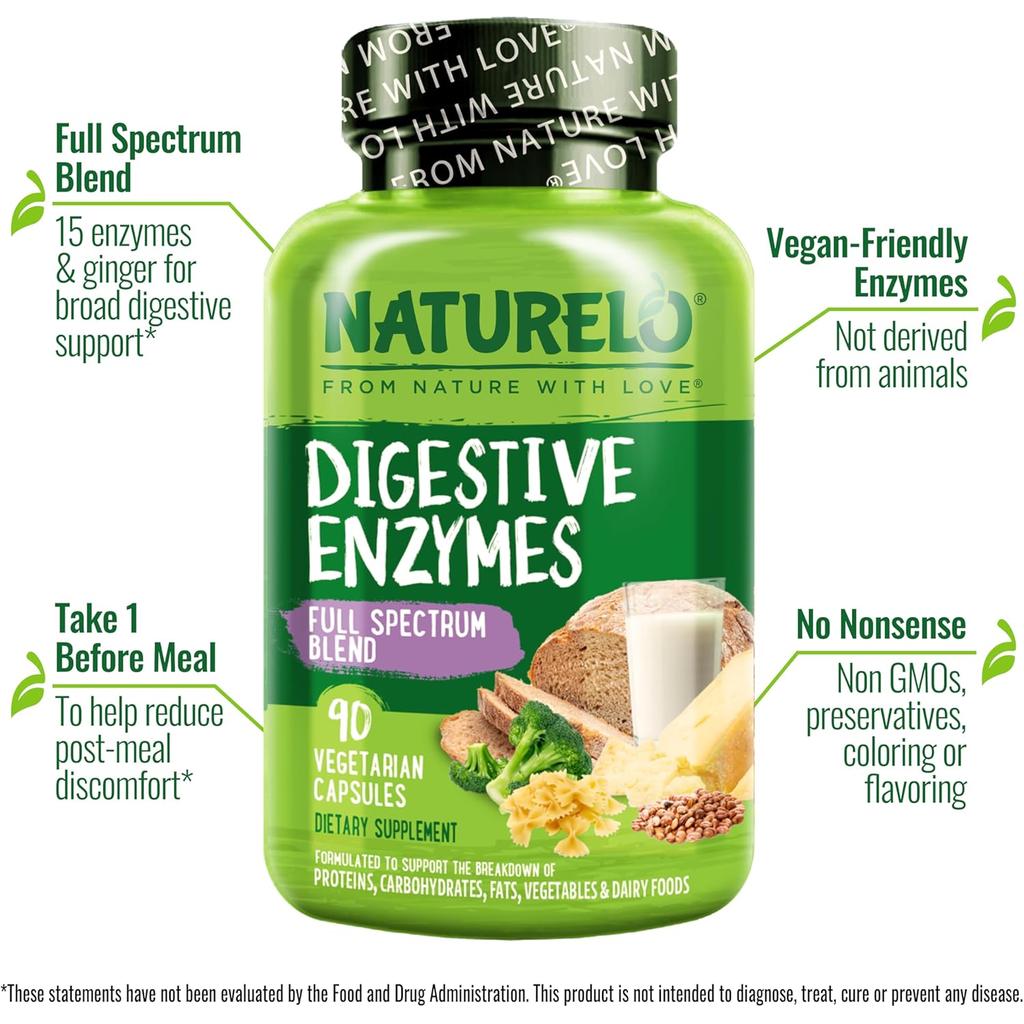 Naturelo full spectrum digestive enzymes, 90 capsules, supports gut health, aids digestion, enzyme blend supplement
