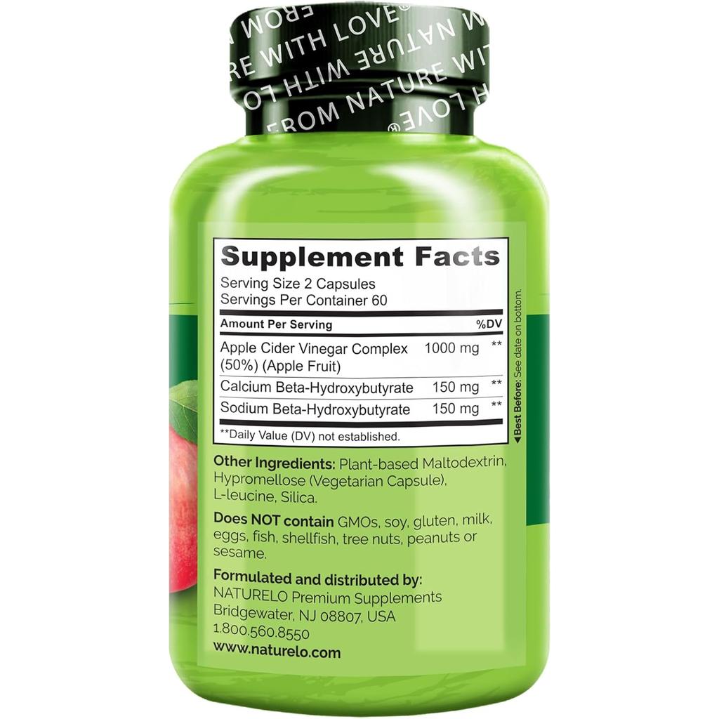 Naturelo Apple Cider Vinegar supplement with BHB keto salts for blood sugar balance and weight management.