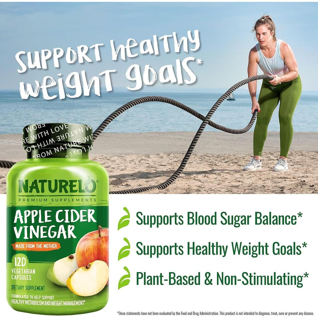 Naturelo Apple Cider Vinegar Supplement for Blood Sugar Balance and Keto Support, Made from the Mother.
