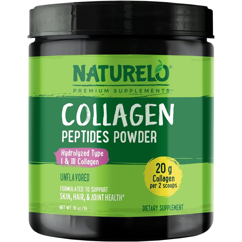 Naturelo unflavored collagen peptides powder, supports healthy skin, hair, nails, and joints, protein supplement.