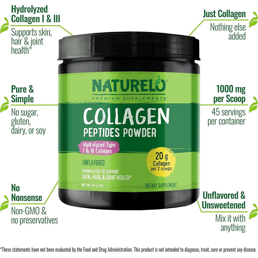 Naturelo unflavored collagen peptides powder, supports skin elasticity and joint health, natural protein supplement.
