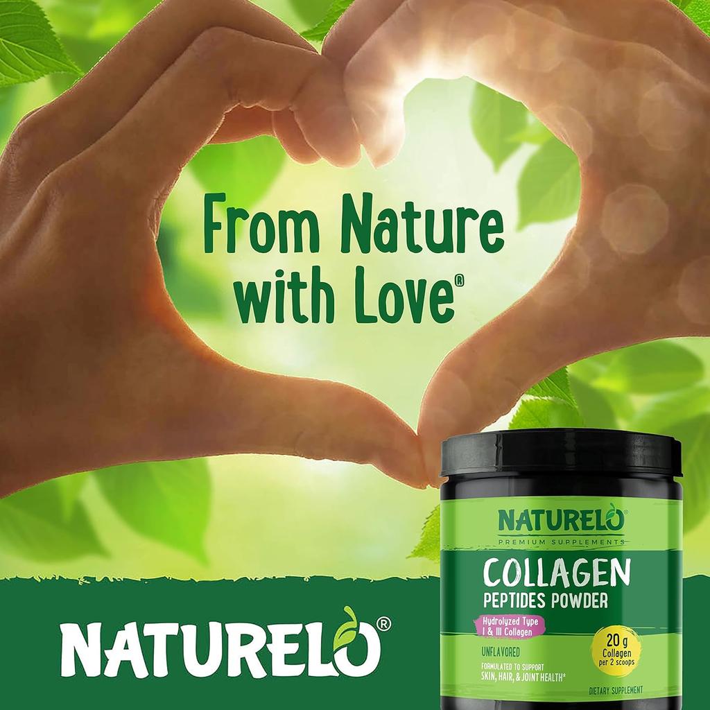 Naturelo Unflavored Collagen Peptides Powder, supports skin elasticity and joint health, premium quality protein supplement.