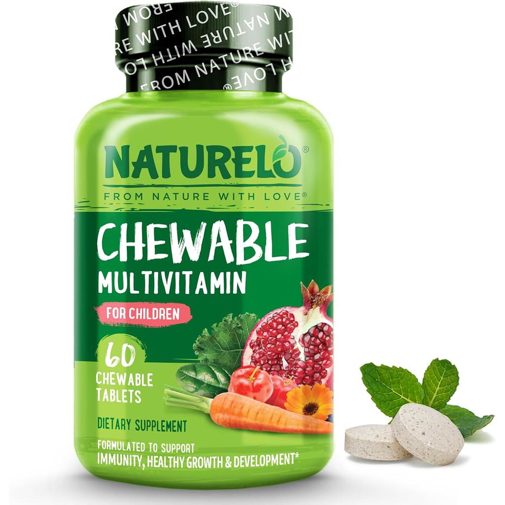 Naturelo chewable multivitamin for kids with natural vitamins and fruit extracts, sugar-free, boosts immune health.