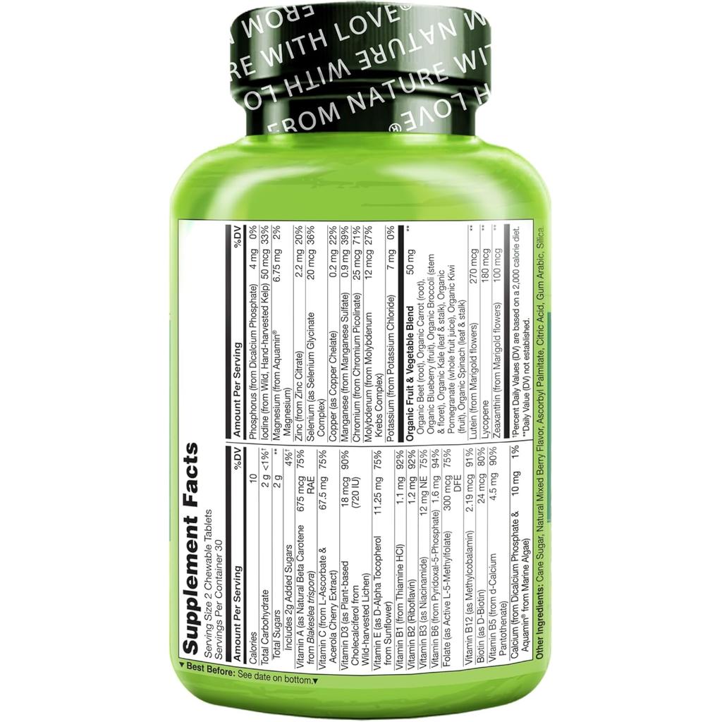 Naturelo chewable multivitamin for children with natural vitamins, fruit extracts, no sugar, supports immunity.