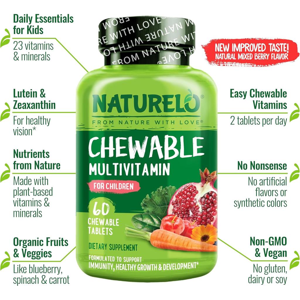 Naturelo chewable multivitamin for children, natural fruit extracts, no sugar, supports growth and immunity, image 5.