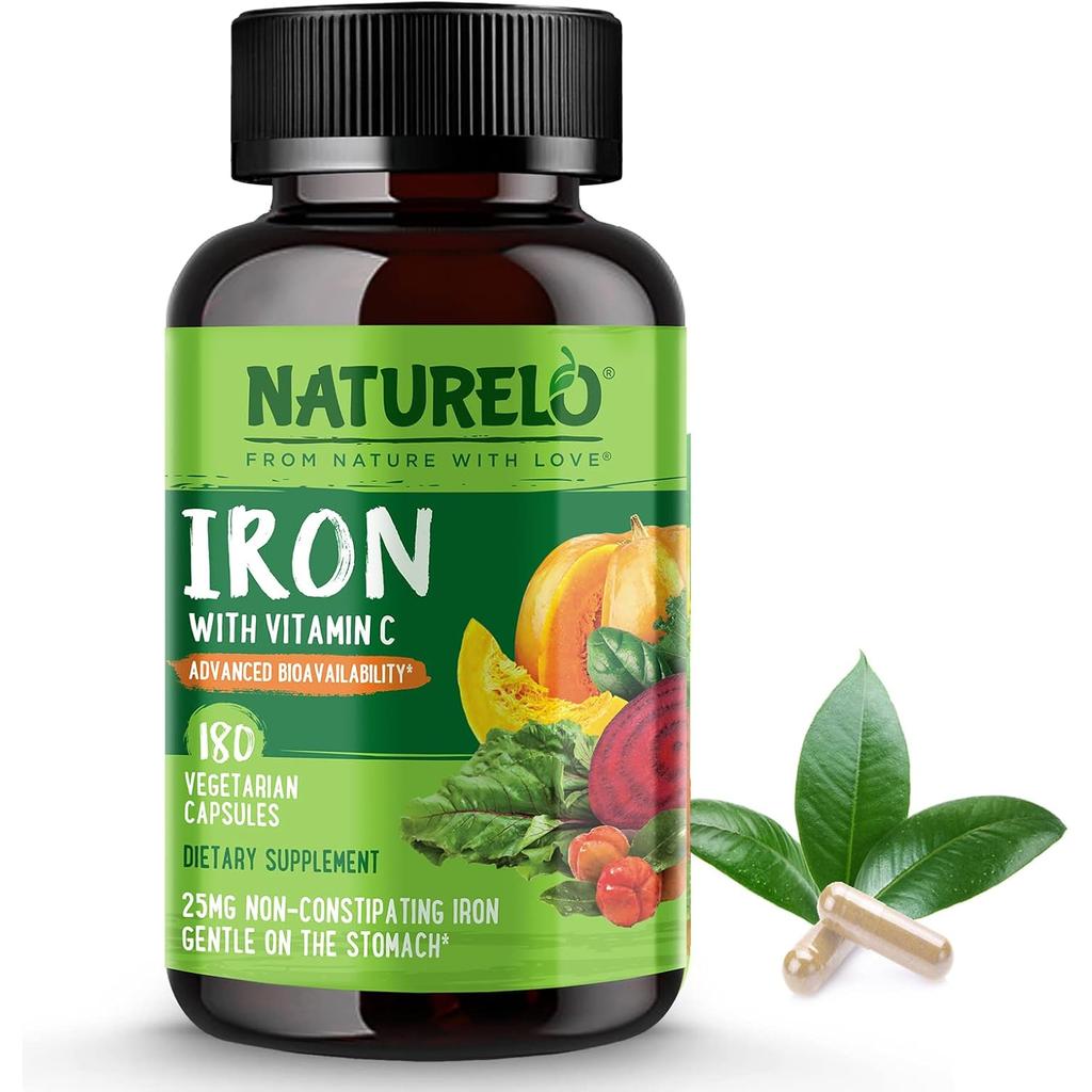 Naturelo vegan iron supplement with vitamin C for energy boost and improved absorption, ideal for vegans and vegetarians.