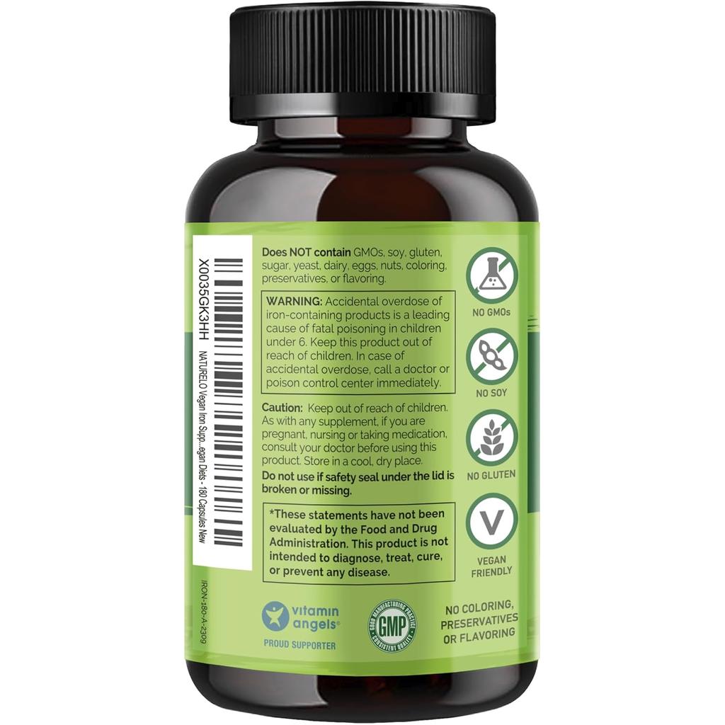 Naturelo vegan iron supplement with vitamin C, boosts energy, supports immune health, plant-based iron pills.