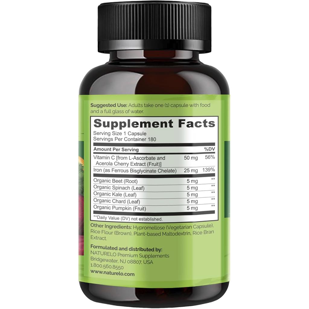 Naturelo Vegan Iron Supplement with Vitamin C, boosts energy, supports immune health, plant-based, image 3.