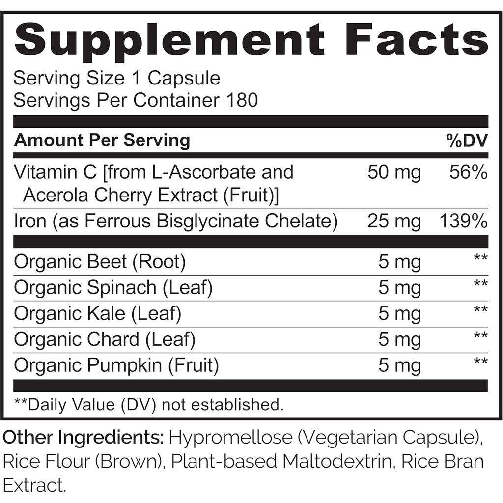 Naturelo Vegan Iron Supplement with Vitamin C for energy support, plant-based, non-GMO, boost iron levels, image 7.