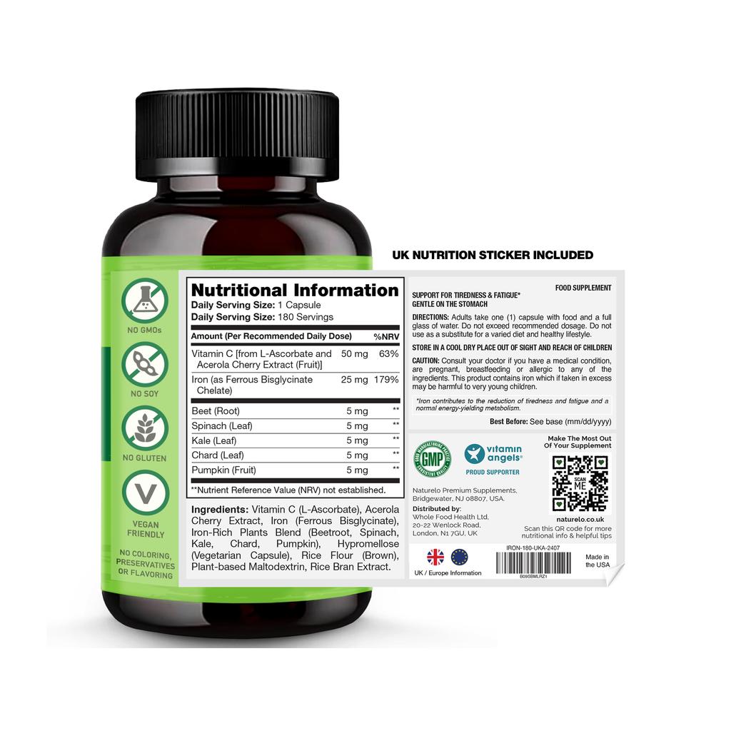 Naturelo vegan iron supplement with vitamin C, boosts energy, supports immunity, plant-based iron pills, image 8.