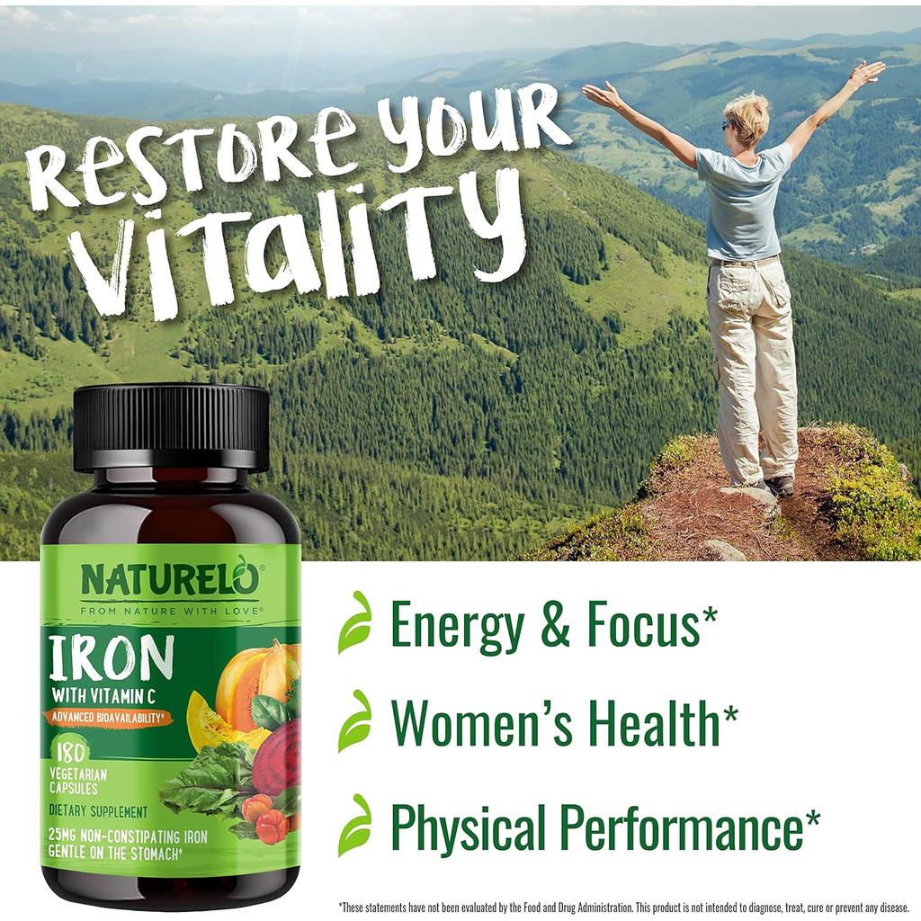 Naturelo Vegan Iron Supplement with Vitamin C, boosts energy, enhances absorption, plant-based, non-GMO, image 9.