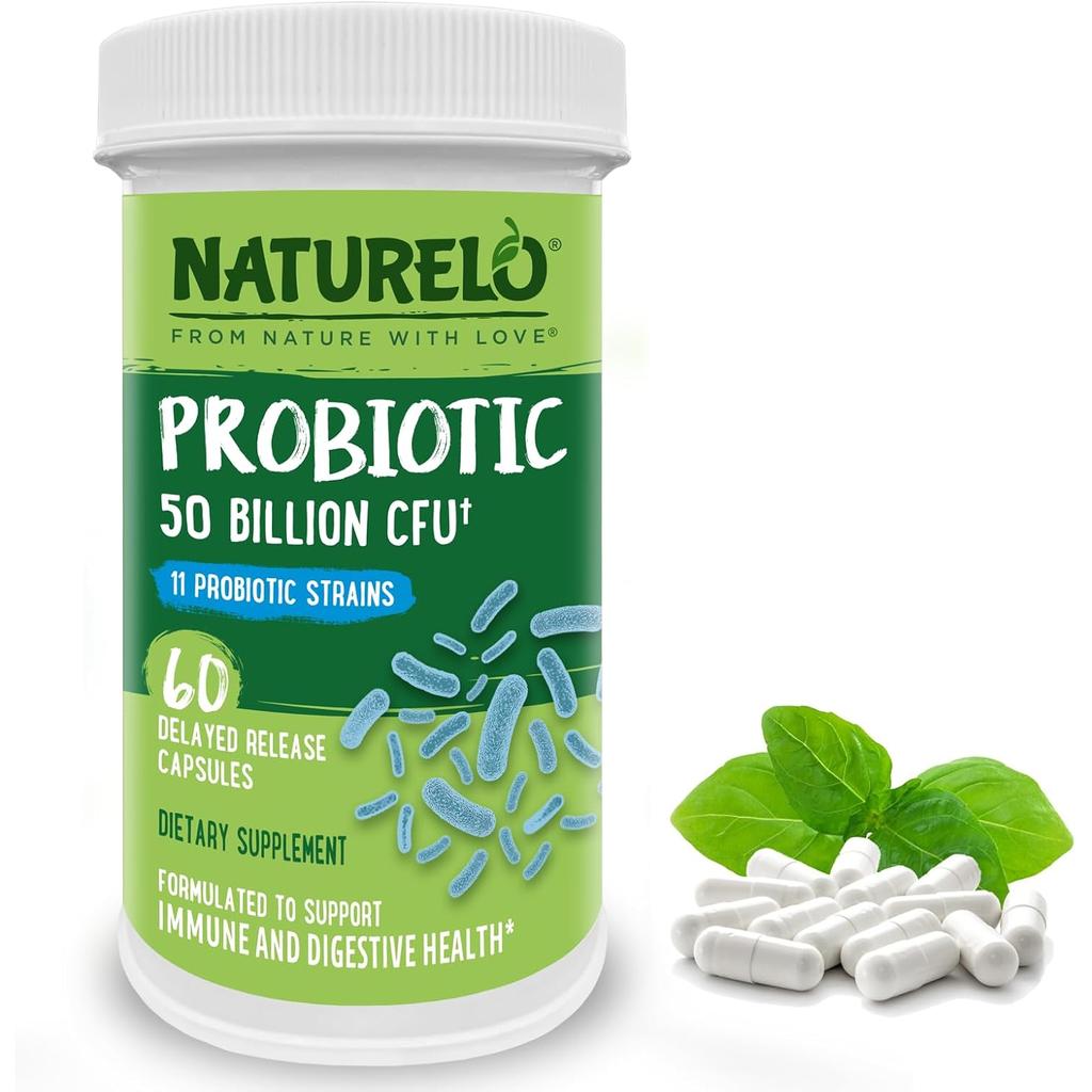 Naturelo Multibiotic 50 Billion CFU 11 Balanced Strains No Refrigeration - Gut Health Probiotic Supplement.